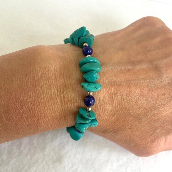 Sterling Silver 925 Dakota West Turquoise Chip & Round Lapis Beaded Bracelet 7" - Picture 2 of 16